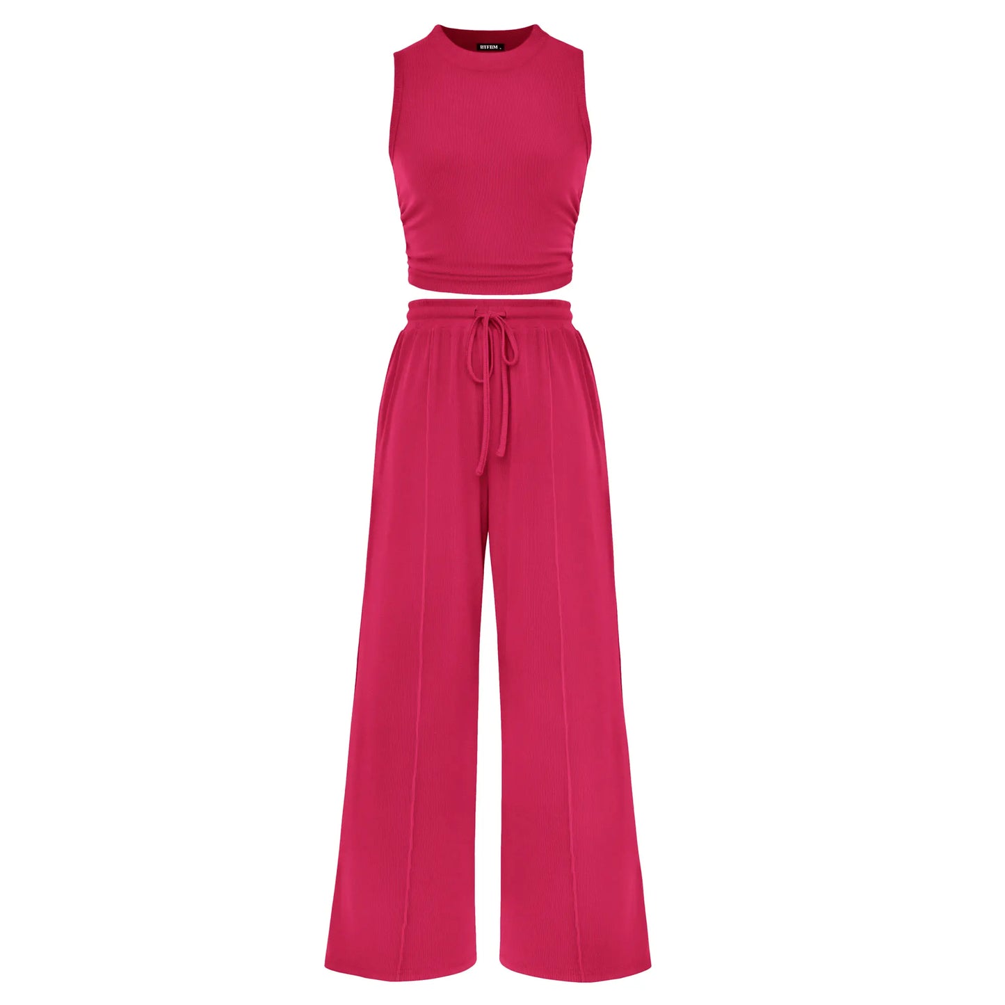 BTFBM Women'S Summer 2-Piece Outfits - Ribbed Knit Crew Neck Sleeveless Cropped Top & Wide Leg Pants Lounge Set #Outdoorfun