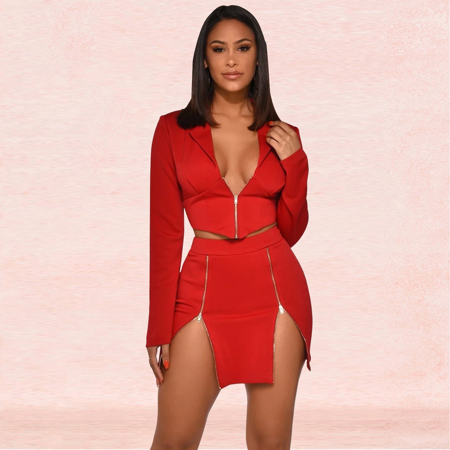 Women's Sexy V-Neck Blazer and Skirt Two-Piece Set