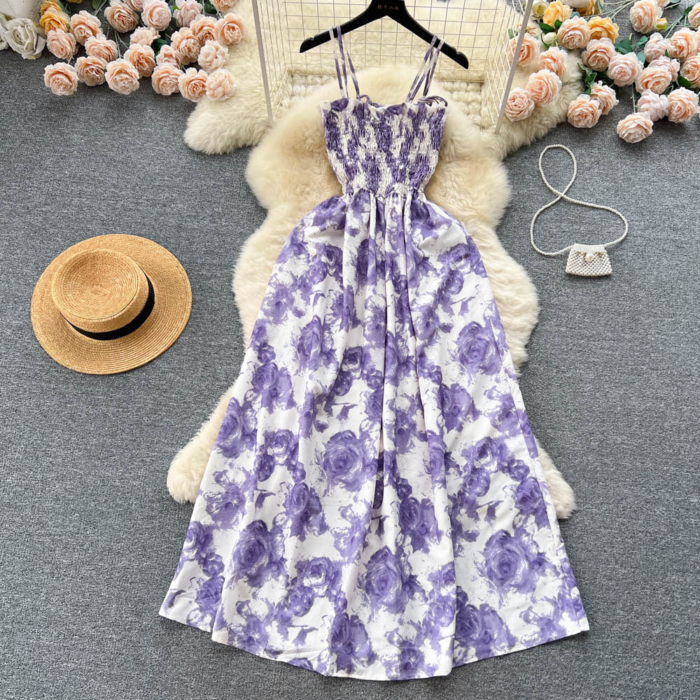 French Vintage Floral Strap Dress for Women