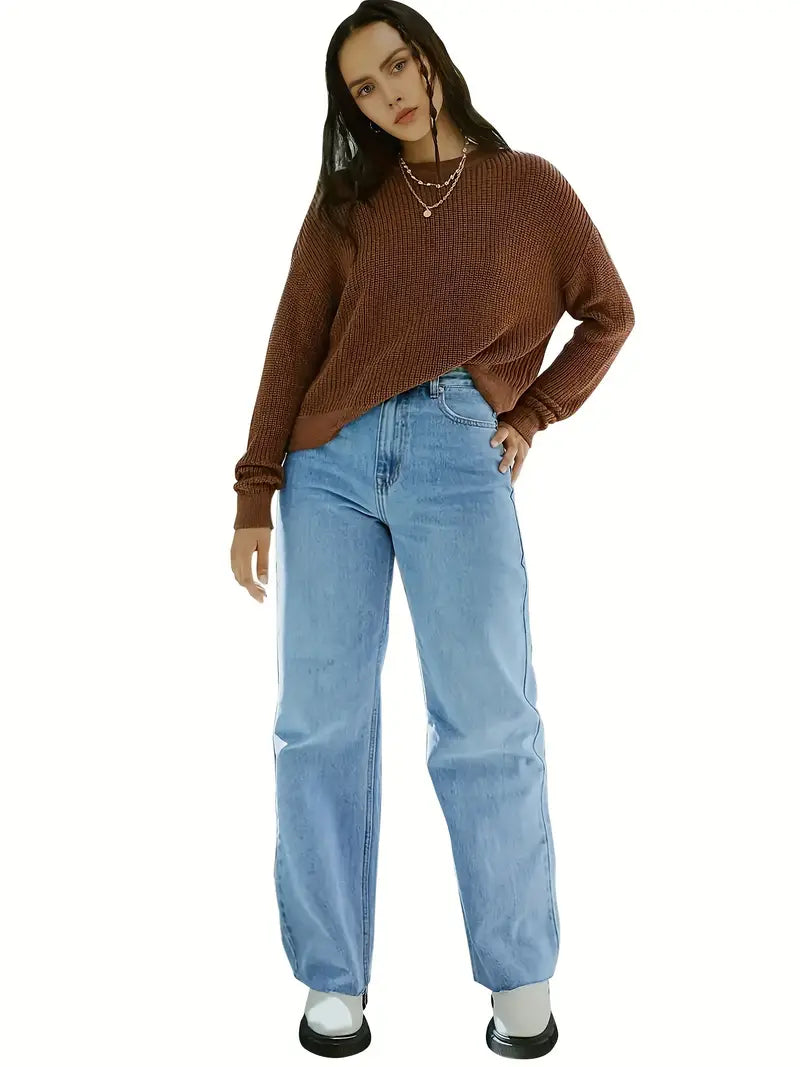 Light Blue High Waist Wide Leg Jeans with Slash Pockets