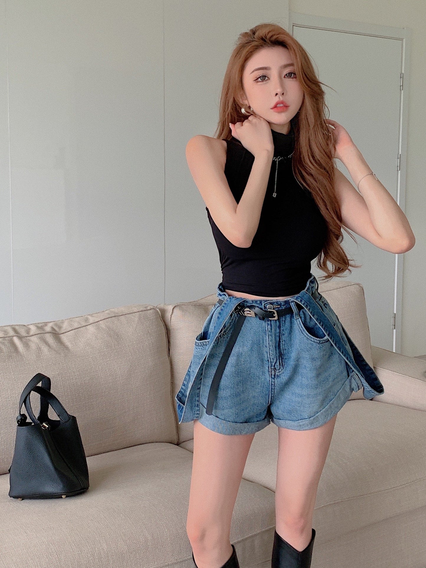 Women’s High Waist Strappy Loose Slim Jeans