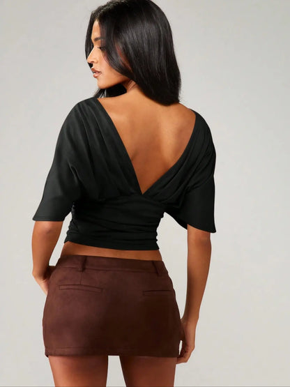 Women'S Fashionable Comfortable Casual Bodycon Fitted T-Shirt, V-Neck Backless Slimming Top, Plain Surface, All Seasons Apparel