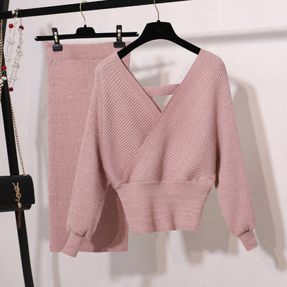 V-Neck Fashion Goddess Two-Piece Knit Set with Skirt