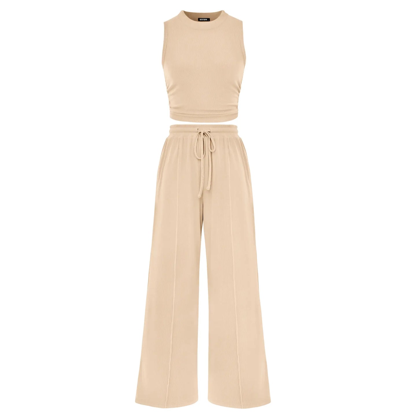BTFBM Women'S Summer 2-Piece Outfits - Ribbed Knit Crew Neck Sleeveless Cropped Top & Wide Leg Pants Lounge Set #Outdoorfun