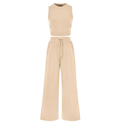 BTFBM Women'S Summer 2-Piece Outfits - Ribbed Knit Crew Neck Sleeveless Cropped Top & Wide Leg Pants Lounge Set #Outdoorfun