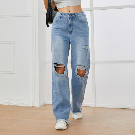 Ripped High Waist Straight Leg Jeans with Slash Pockets