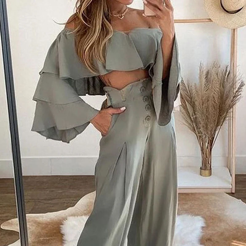 2023 Women's Stylish Off-Shoulder Ruffled Pants Set