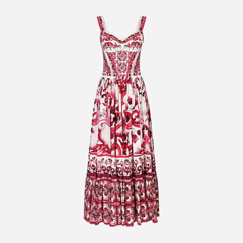 Vintage Floral Strap Maxi Dress with Fitted Waist
