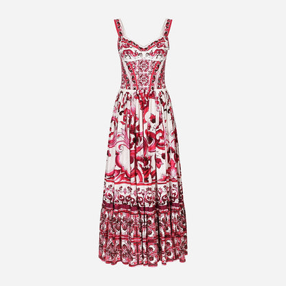Vintage Floral Strap Maxi Dress with Fitted Waist