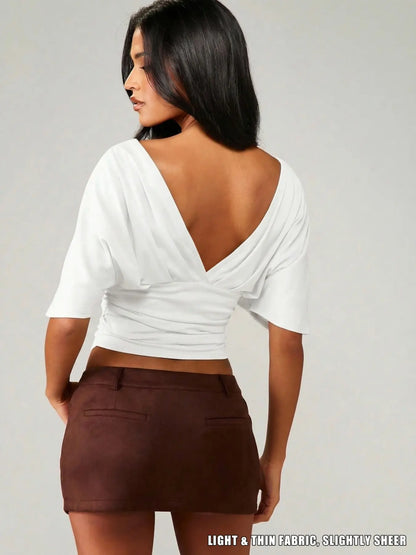 Women'S Fashionable Comfortable Casual Bodycon Fitted T-Shirt, V-Neck Backless Slimming Top, Plain Surface, All Seasons Apparel
