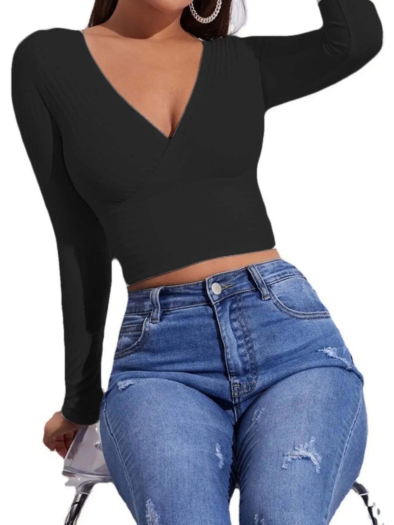 Women'S Y2K Plain Wrap V Neck Crop Tee, Fashion Casual Basic Long Sleeve Ribbed Slim-Fitting T-Shirt for Spring & Fall, T Shirts for Women, Women'S Clothing Birthday Gifts