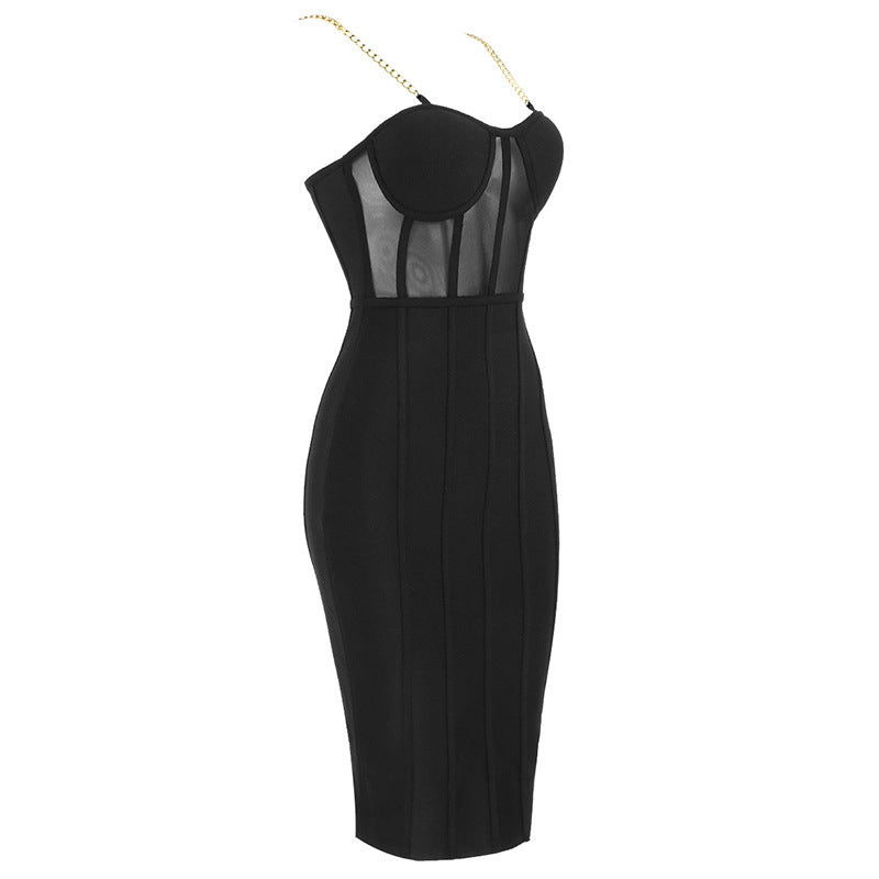 Sexy Mesh Bodycon Dress with Metal Chain Straps