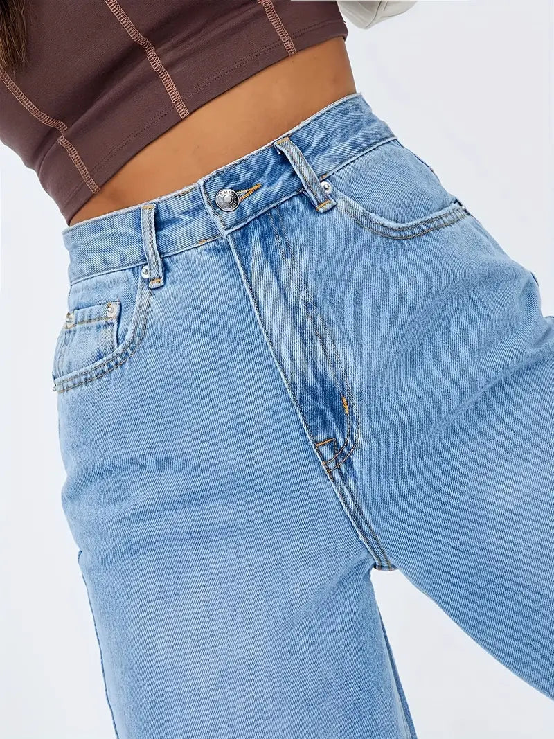 Light Blue High Waist Wide Leg Jeans with Slash Pockets