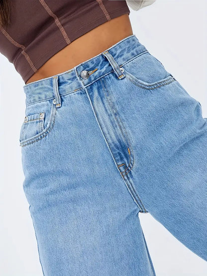 Light Blue High Waist Wide Leg Jeans with Slash Pockets