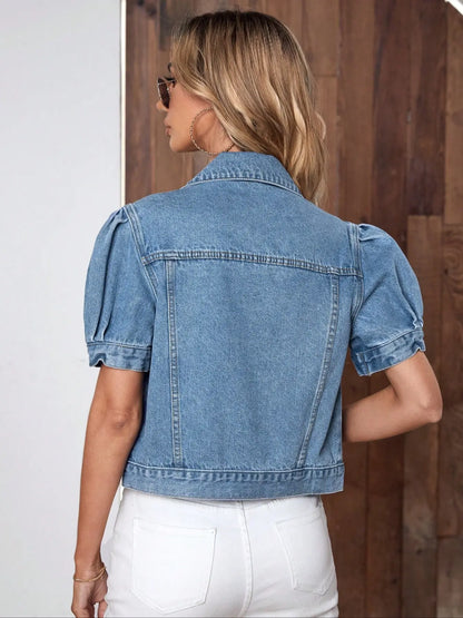 Women'S Vintage Bubble Sleeve Light Wash Denim Jacket, Summer Lightweight Thin High Waist Crop Top, Casual Fashionable Fit Short Cropped Jean Coat for Women