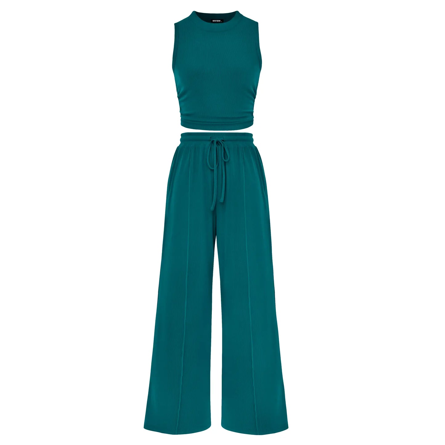 BTFBM Women'S Summer 2-Piece Outfits - Ribbed Knit Crew Neck Sleeveless Cropped Top & Wide Leg Pants Lounge Set #Outdoorfun