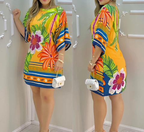 Women's Tropical Print Round-neck Casual Dress