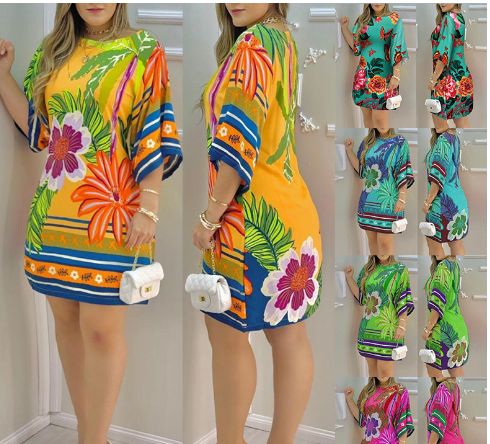 Women's Tropical Print Round-neck Casual Dress
