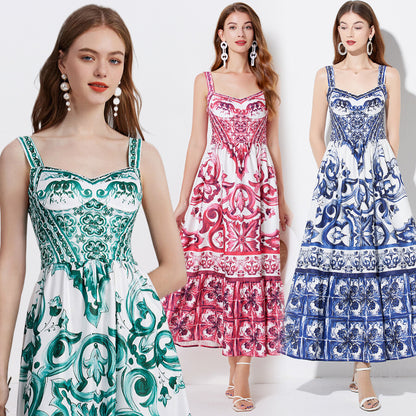 Vintage Floral Strap Maxi Dress with Fitted Waist