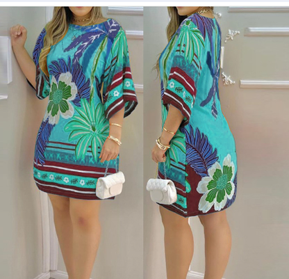Women's Tropical Print Round-neck Casual Dress