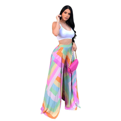 Plus Size Geometric Print Wide Leg High Rise Pants
