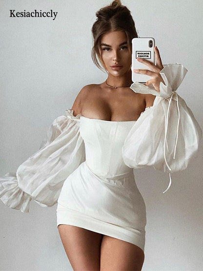 Summer New Sexy Off-Shoulder Bodycon Dress with Lantern Sleeves