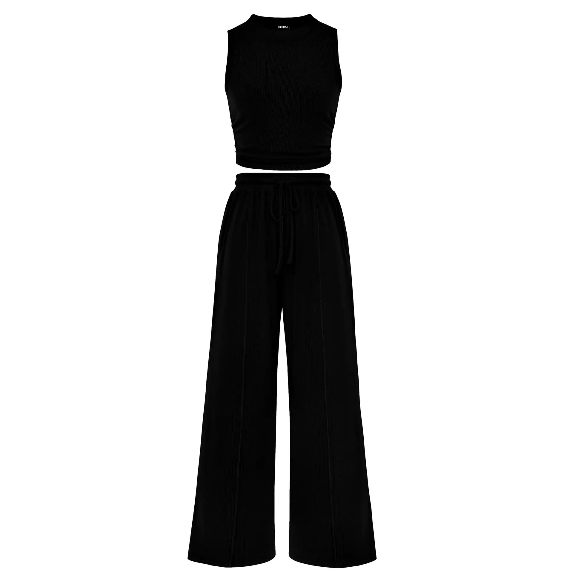 BTFBM Women'S Summer 2-Piece Outfits - Ribbed Knit Crew Neck Sleeveless Cropped Top & Wide Leg Pants Lounge Set #Outdoorfun