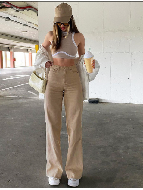 High Waist Wide Leg Straight Jeans with Slash Pockets