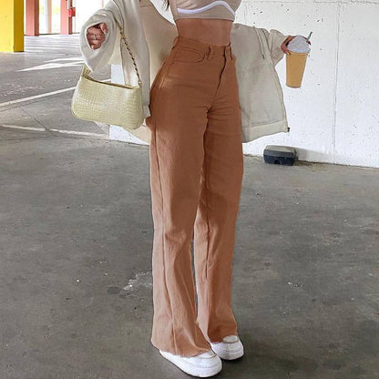 High Waist Wide Leg Straight Jeans with Slash Pockets