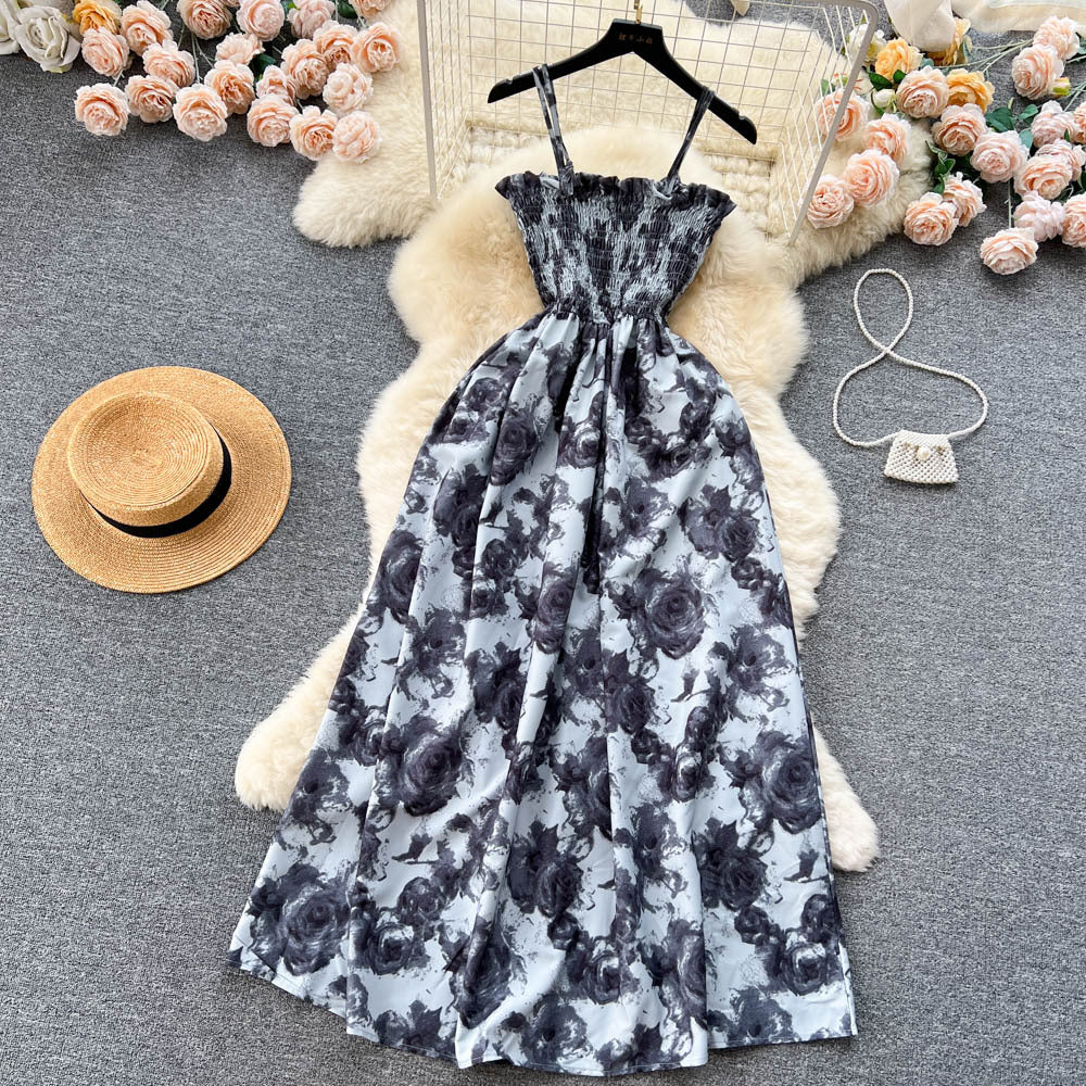 French Vintage Floral Strap Dress for Women