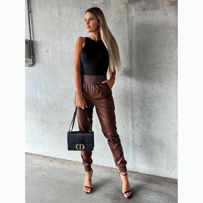 Trendy 2022 Women's Casual Leather Pants with Waist Design