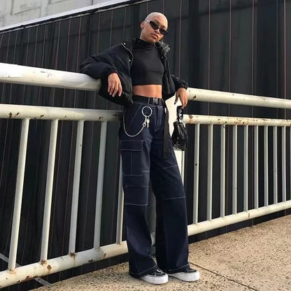 High-Waisted Loose Fit Women's Cargo Denim Pants