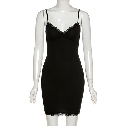 Contrast Lace Scallop Trim Sexy Spaghetti Strap Dress