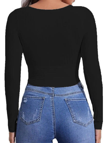 Women'S Y2K Plain Wrap V Neck Crop Tee, Fashion Casual Basic Long Sleeve Ribbed Slim-Fitting T-Shirt for Spring & Fall, T Shirts for Women, Women'S Clothing Birthday Gifts