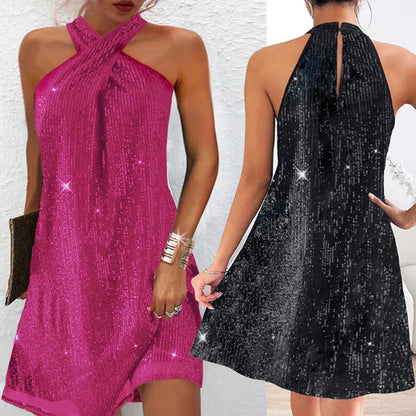 Elegant Women's Off-Shoulder Sequin Halter Dress