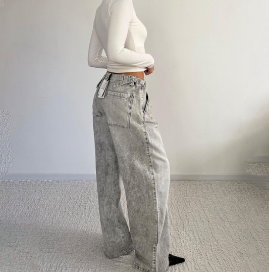 Women's Grey High Waist Straight Loose Fit Jeans