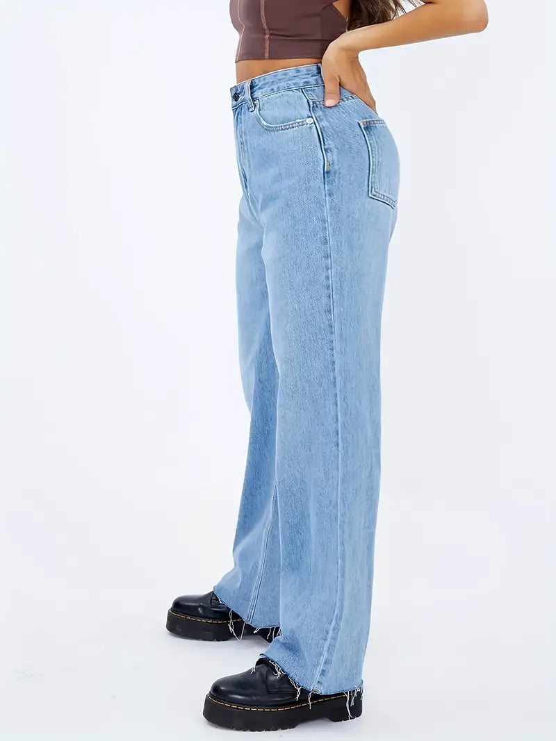 Light Blue High Waist Wide Leg Jeans with Slash Pockets