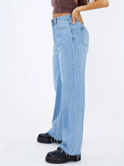 Light Blue High Waist Wide Leg Jeans with Slash Pockets