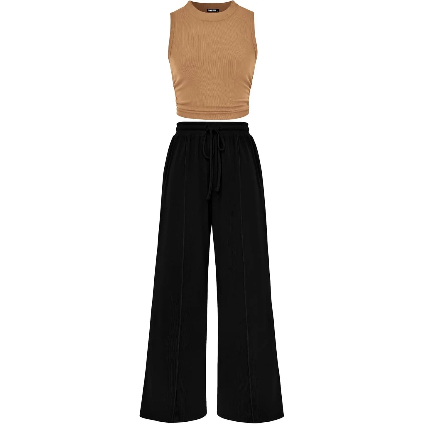 BTFBM Women'S Summer 2-Piece Outfits - Ribbed Knit Crew Neck Sleeveless Cropped Top & Wide Leg Pants Lounge Set #Outdoorfun
