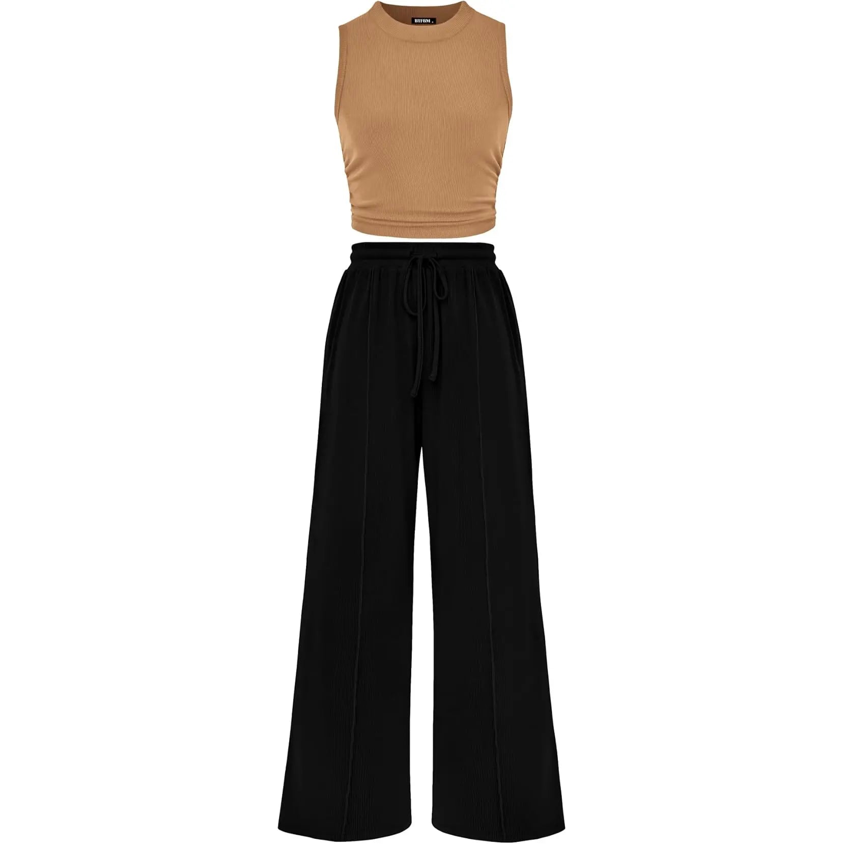 BTFBM Women'S Summer 2-Piece Outfits - Ribbed Knit Crew Neck Sleeveless Cropped Top & Wide Leg Pants Lounge Set #Outdoorfun