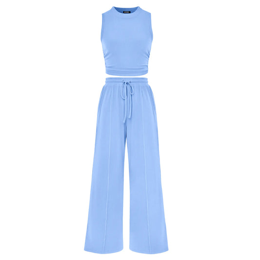 BTFBM Women'S Summer 2-Piece Outfits - Ribbed Knit Crew Neck Sleeveless Cropped Top & Wide Leg Pants Lounge Set #Outdoorfun
