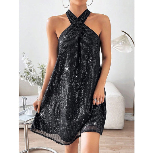 Elegant Women's Off-Shoulder Sequin Halter Dress