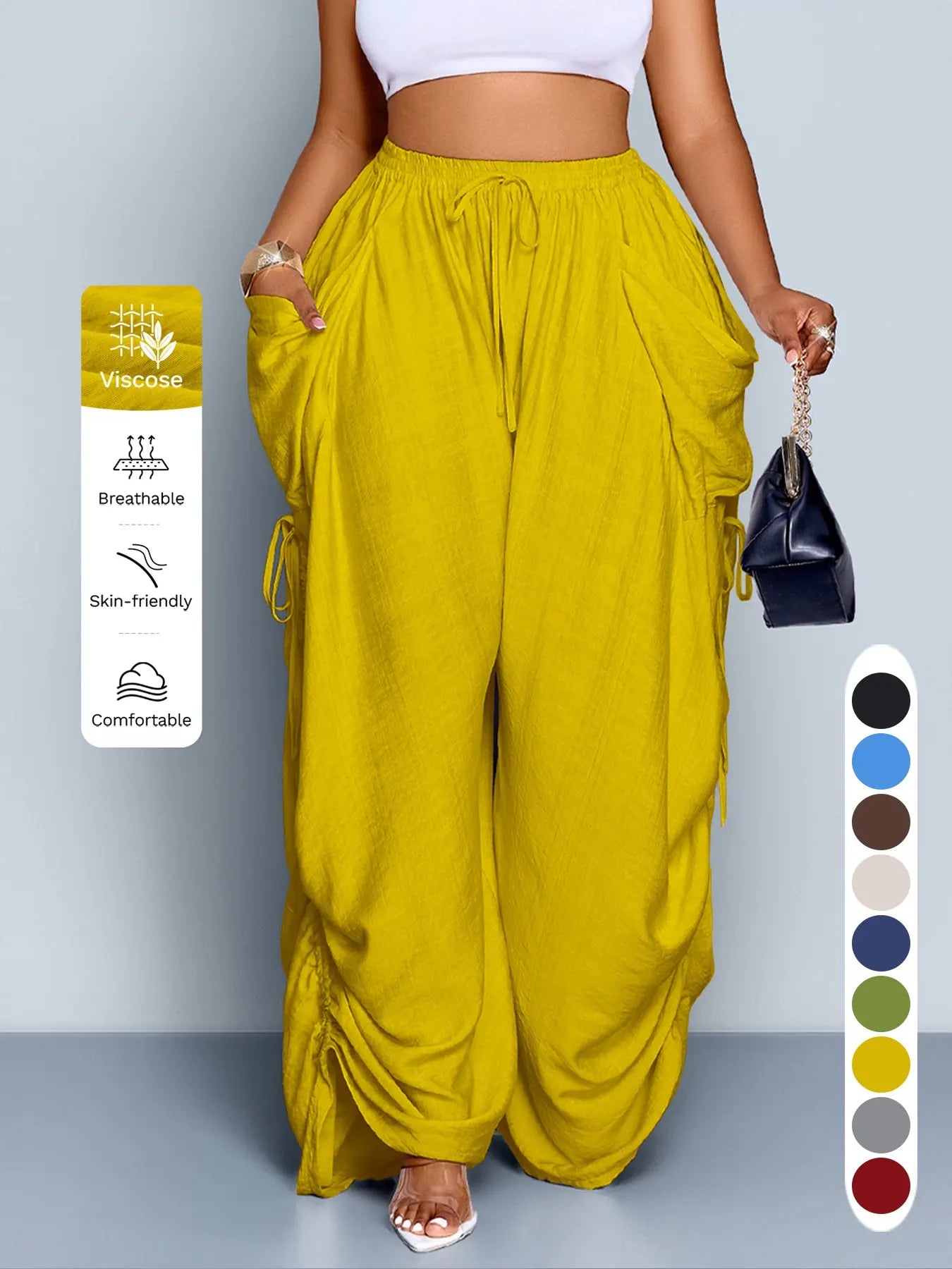 Women'S Casual Loose-Fit Wide Leg Pants, All-Season Woven Fabric, Long Plain Design, Daily Commute & Vacation Wear