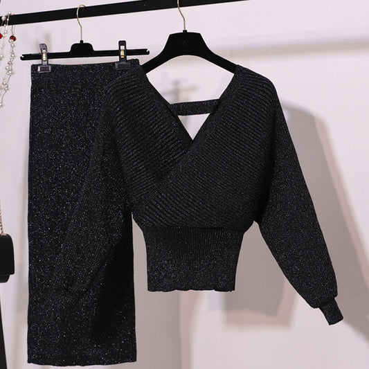 V-Neck Fashion Goddess Two-Piece Knit Set with Skirt
