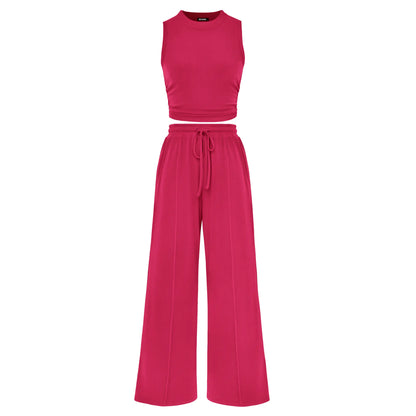 BTFBM Women'S Summer 2-Piece Outfits - Ribbed Knit Crew Neck Sleeveless Cropped Top & Wide Leg Pants Lounge Set #Outdoorfun