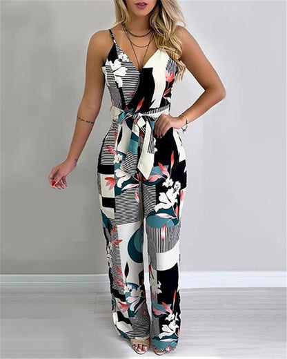 Printed Jumpsuit with Sexy Straps and Wide Legs