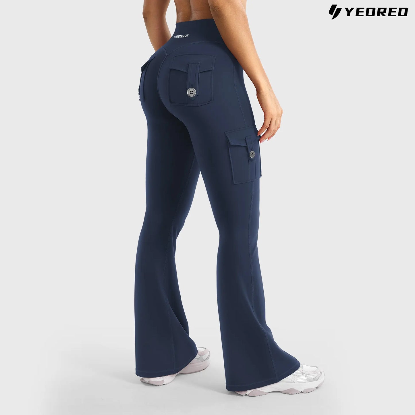 YEOREO Coreflex Women'S Workout Flare Leggings with Pockets Hidden Scrunch High Waisted Cargo Gym Yoga No Front Seam Leggings Flared Joggers Fitness Outfit Camouflage Sports Pants 75% Nylon 25% Spandex