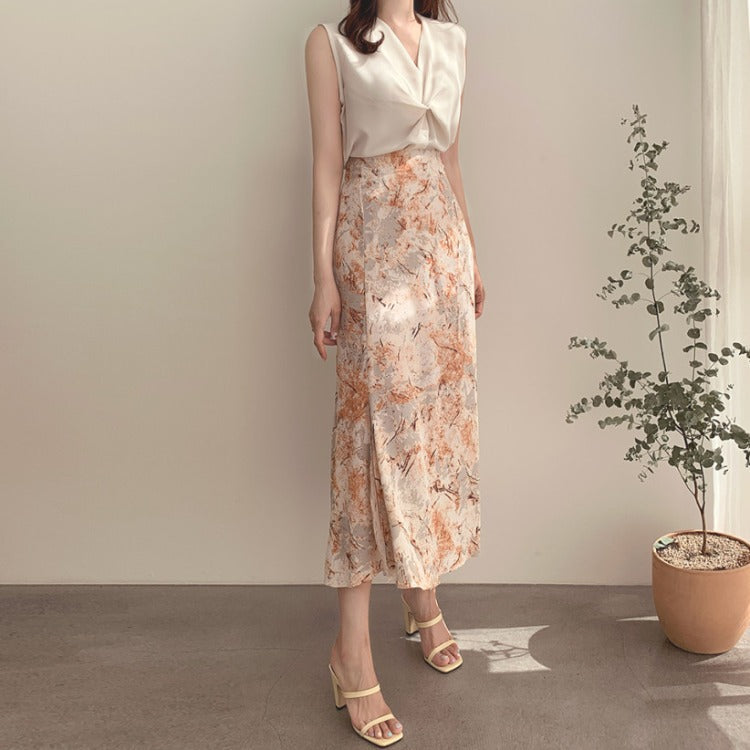 Vintage Floral Chiffon Oil Painting Skirt