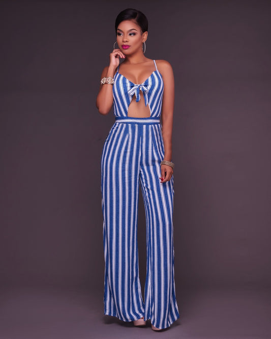 Digital Print Striped Jumpsuit with Spaghetti Straps