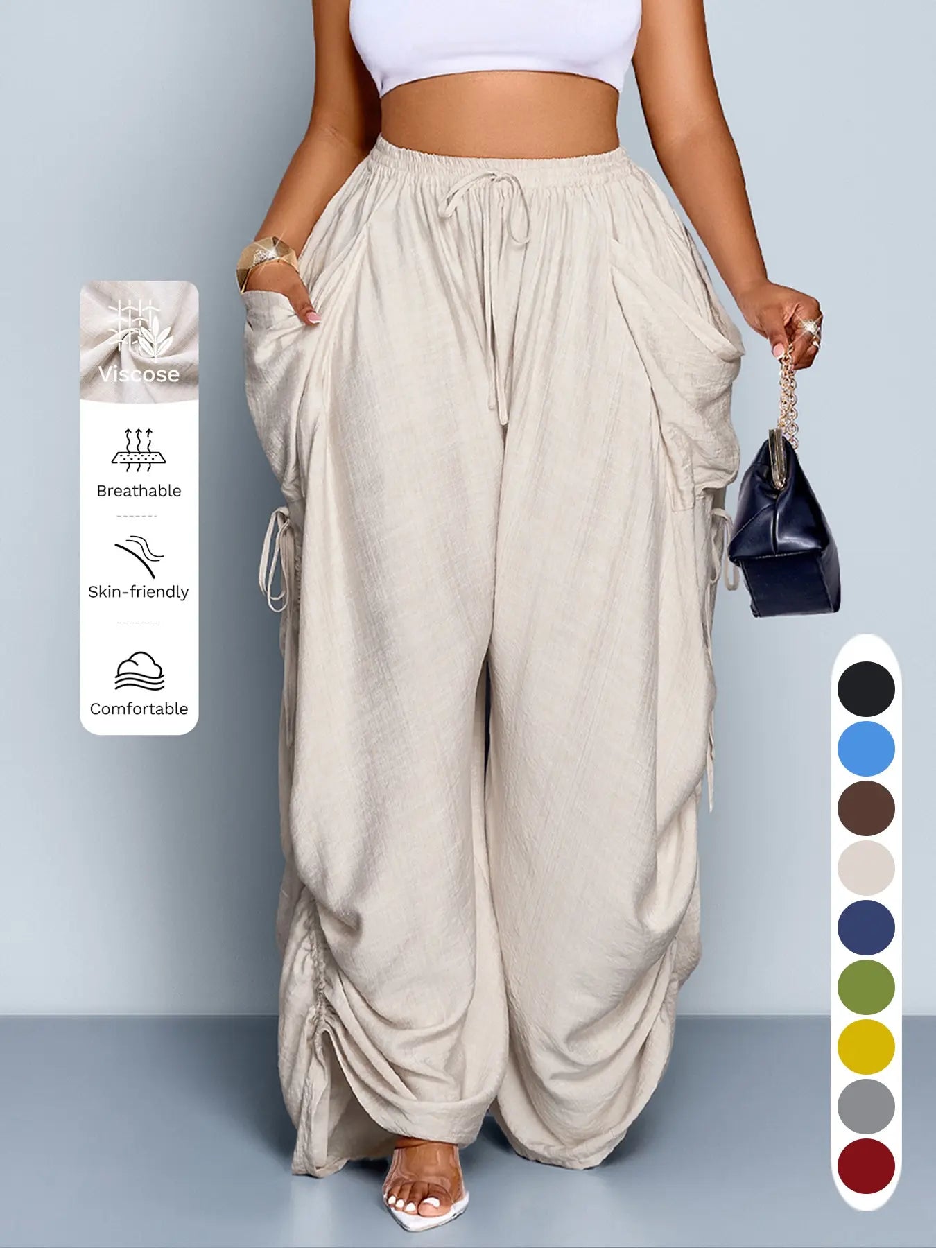 Women'S Casual Loose-Fit Wide Leg Pants, All-Season Woven Fabric, Long Plain Design, Daily Commute & Vacation Wear